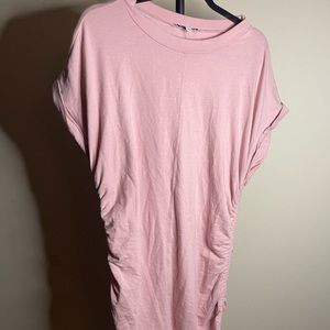 blush pink short sleeved ruched dress